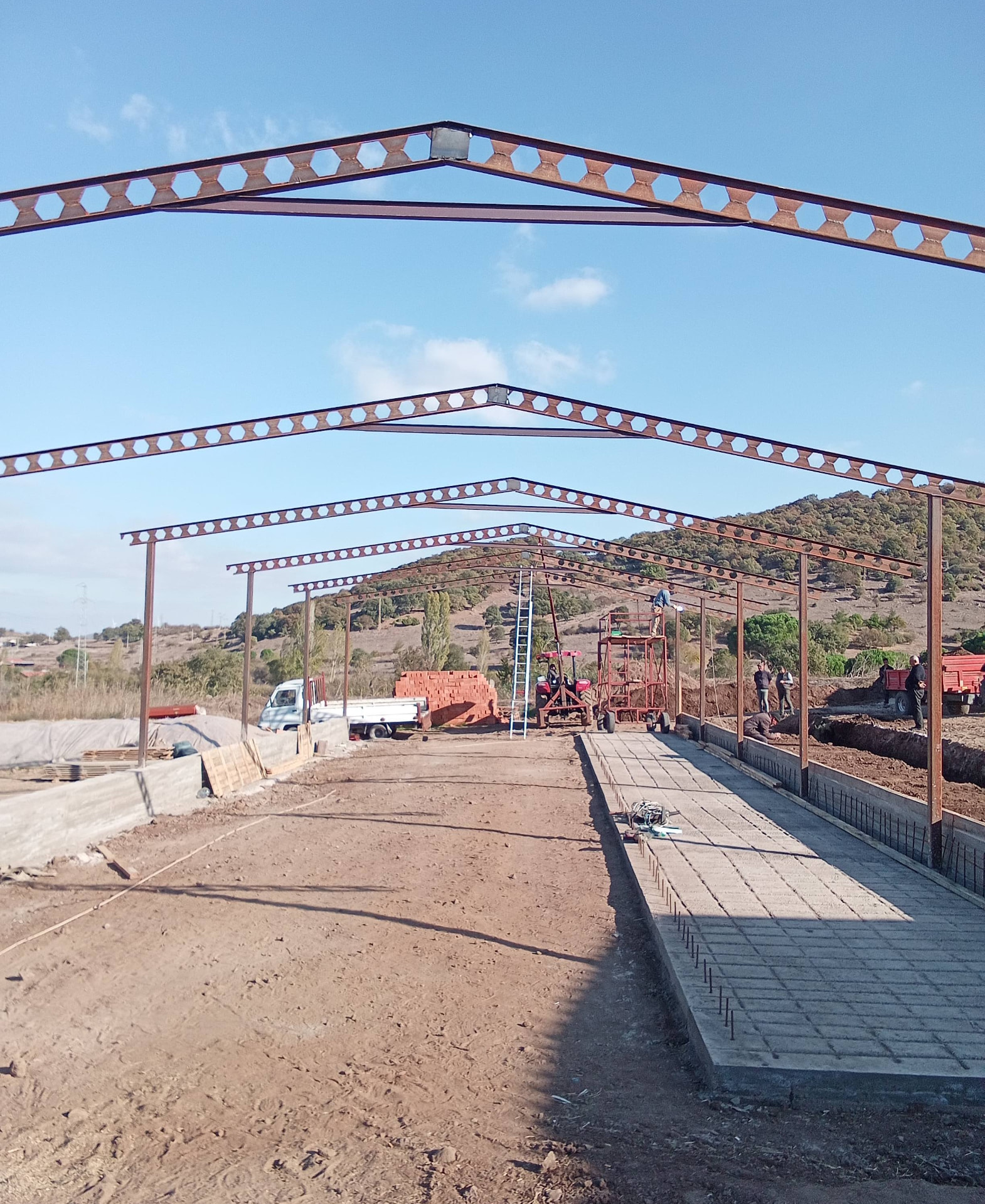 Beton temel boyunca sıralanan metal kolonlar ve altıgen boşluklu çelik çatı makasları